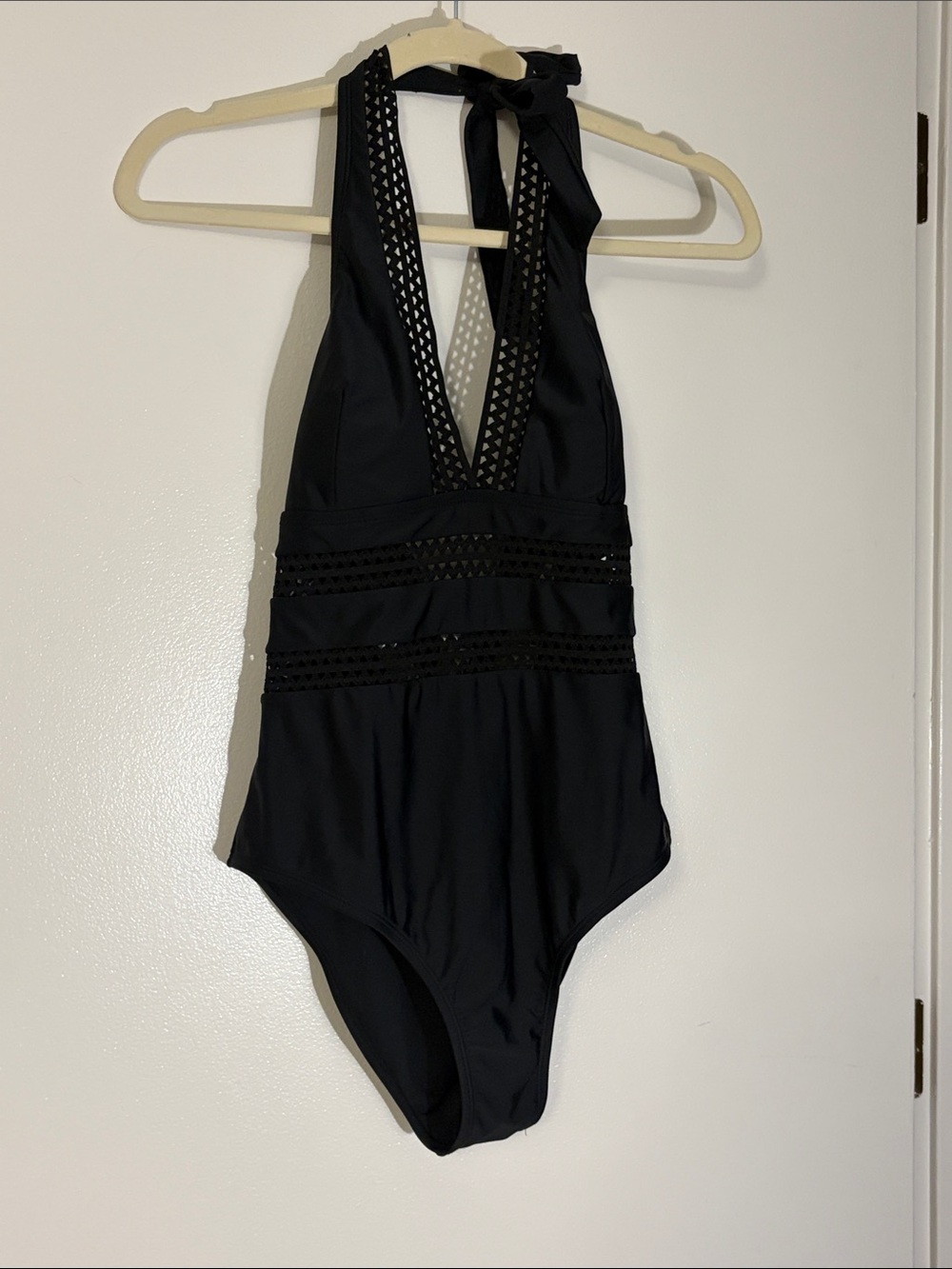 VENUS Black Halter One-Piece Swimsuit with Crochet Insets